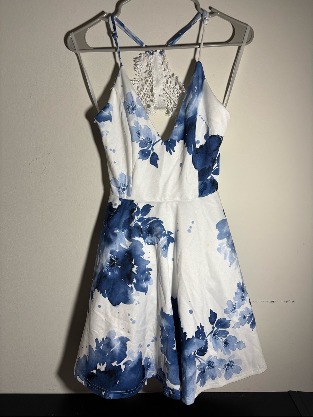 White & Blue Floral Halter Skater Dress